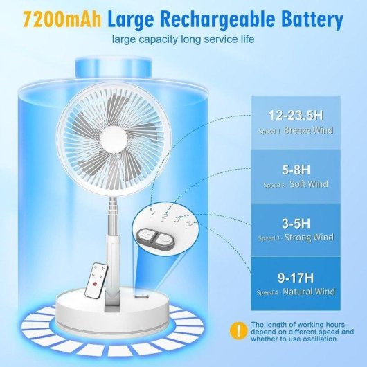 Tragbarer und Bodenventilator Faltbar Generica 7200mAh 4 Stufen Fernbedienung Timer Leise