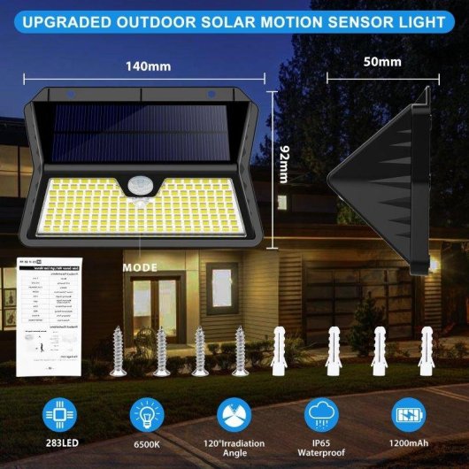 Luz Solar Exterior Autrucker 283 LEDs Sensor Movimiento IP65 Pared