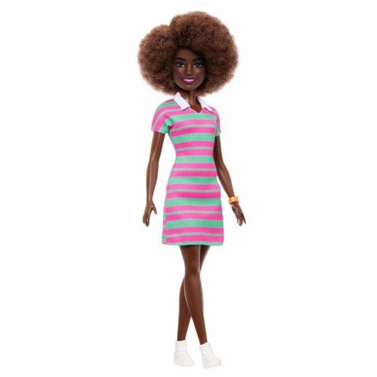 Barbie Fashionistas Puppe 29,8 cm Schwarze Lockiges Haare Gestreiftes Polo-Kit Mint-Grün Rosa
