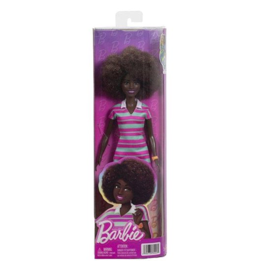 Barbie Fashionistas Puppe 29,8 cm Schwarze Lockiges Haare Gestreiftes Polo-Kit Mint-Grün Rosa