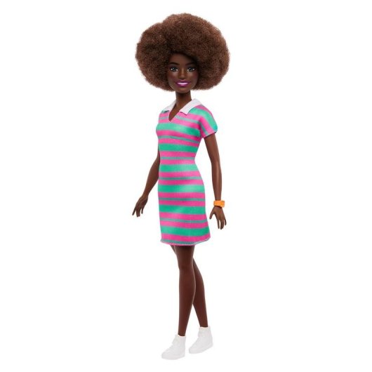 Barbie Fashionistas Puppe 29,8 cm Schwarze Lockiges Haare Gestreiftes Polo-Kit Mint-Grün Rosa