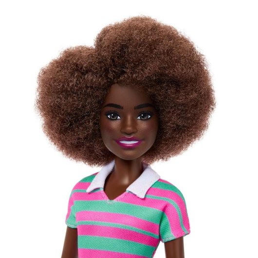 Barbie Fashionistas Puppe 29,8 cm Schwarze Lockiges Haare Gestreiftes Polo-Kit Mint-Grün Rosa
