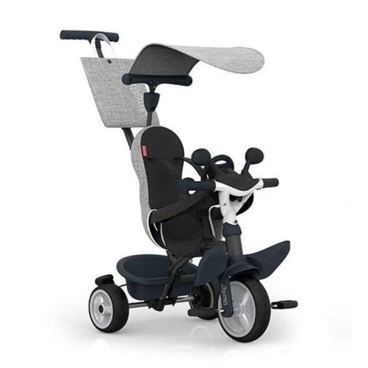 Tricyclette Évolutive Smoby Baby Driver 3-en-1 Gris avec Manette Ajustable, Frein, Coussin Détachable et Capote 360°