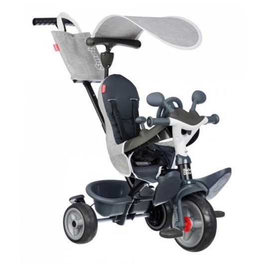 Tricyclette Évolutive Smoby Baby Driver 3-en-1 Gris avec Manette Ajustable, Frein, Coussin Détachable et Capote 360°
