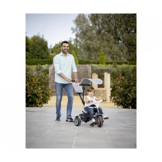 Tricyclette Évolutive Smoby Baby Driver 3-en-1 Gris avec Manette Ajustable, Frein, Coussin Détachable et Capote 360°