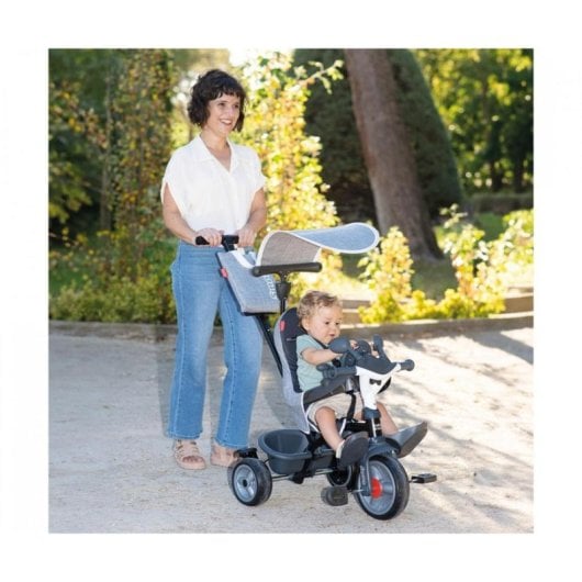 Tricyclette Évolutive Smoby Baby Driver 3-en-1 Gris avec Manette Ajustable, Frein, Coussin Détachable et Capote 360°