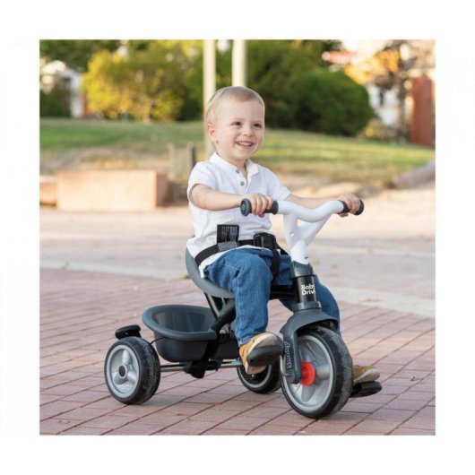 Tricyclette Évolutive Smoby Baby Driver 3-en-1 Gris avec Manette Ajustable, Frein, Coussin Détachable et Capote 360°
