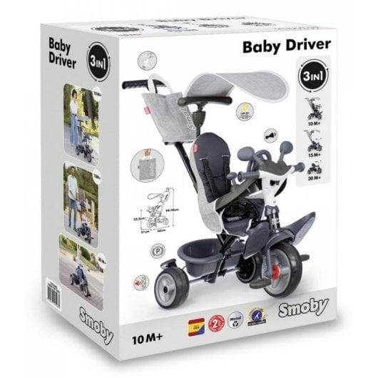 Tricyclette Évolutive Smoby Baby Driver 3-en-1 Gris avec Manette Ajustable, Frein, Coussin Détachable et Capote 360°