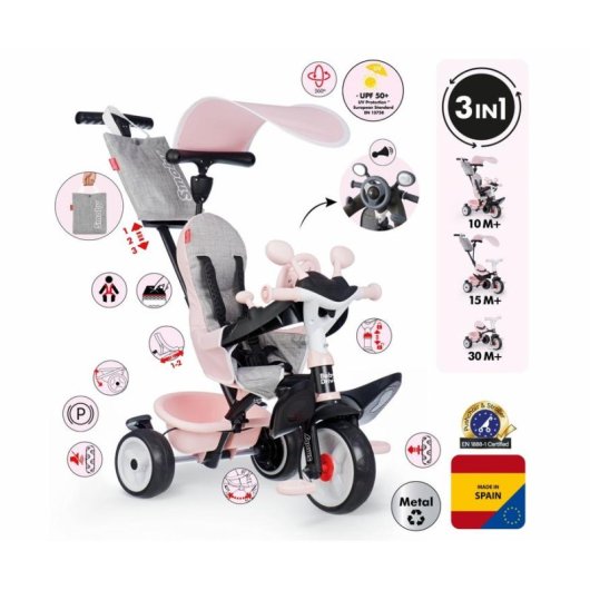 Tricliclo Évolutif 3-en-1 Smoby Baby Driver Rose - 10 Mois à 3 Ans