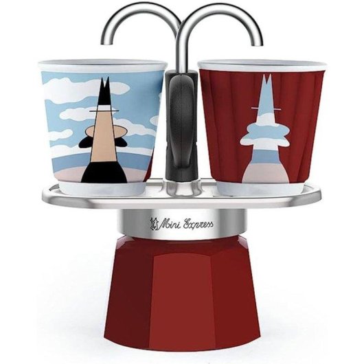 Cafetière italienne Bialetti Mini-express Magritte 90-100 ml avec 2 tasses