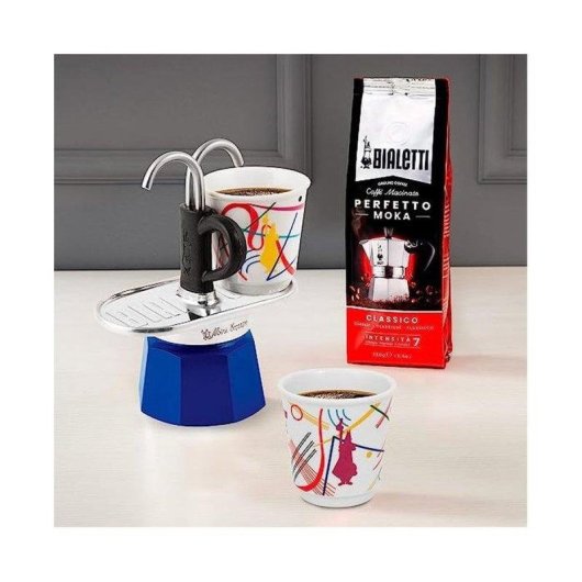 Cafetera italiana Bialetti Mini Express Kandinsky 2 tazas 90 ml con set de tazas