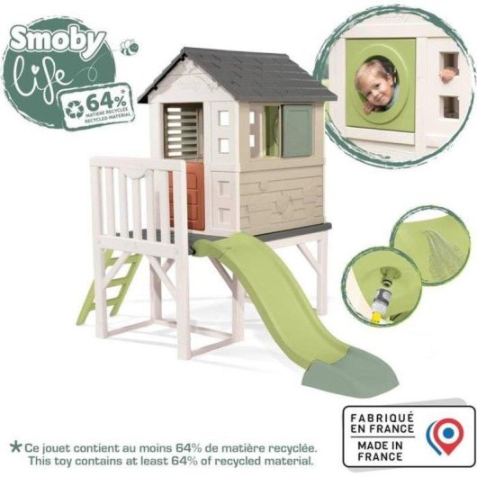 Smoby Life Maison Pilotis Caseta Elevée avec Toboggan 1,50 m et Plateforme