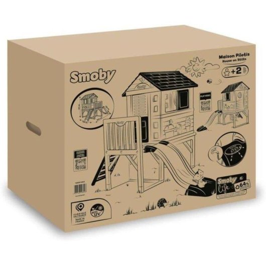 Smoby Life Maison Pilotis Caseta Elevée avec Toboggan 1,50 m et Plateforme
