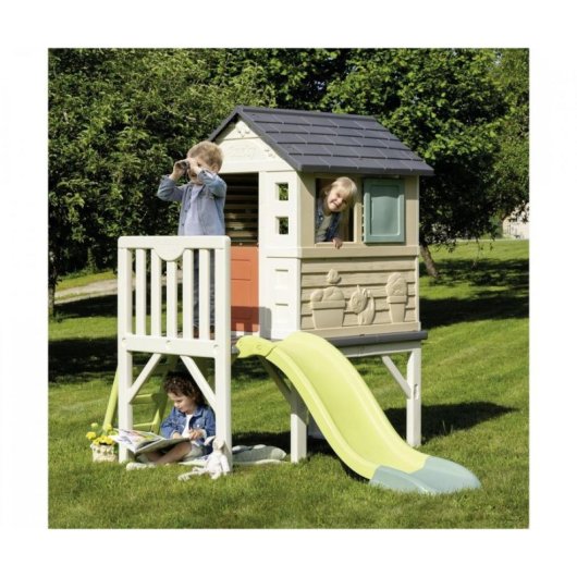 Smoby Life Maison Pilotis Caseta Elevée avec Toboggan 1,50 m et Plateforme