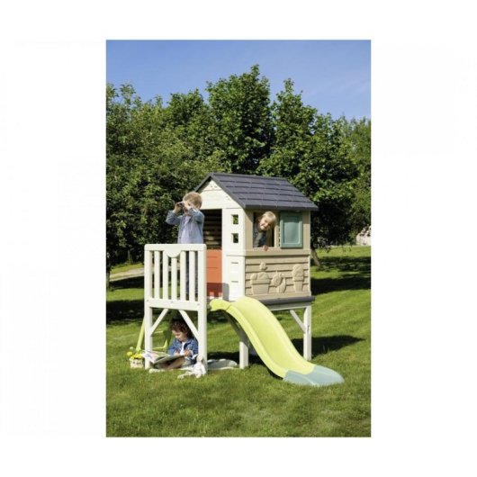 Smoby Life Maison Pilotis Caseta Elevée avec Toboggan 1,50 m et Plateforme