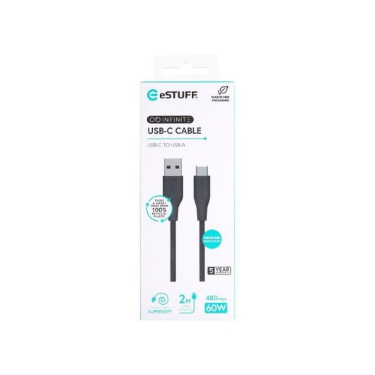 Câble USB-C vers USB-A eSTUFF Infinite 2m USB 2.0 PD 60W Noir