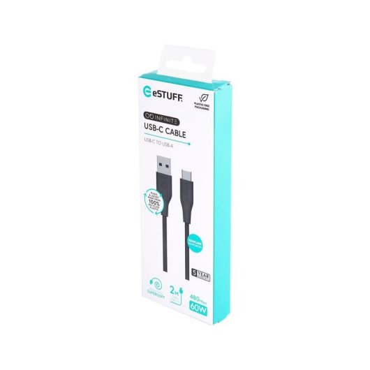 Câble USB-C vers USB-A eSTUFF Infinite 2m USB 2.0 PD 60W Noir