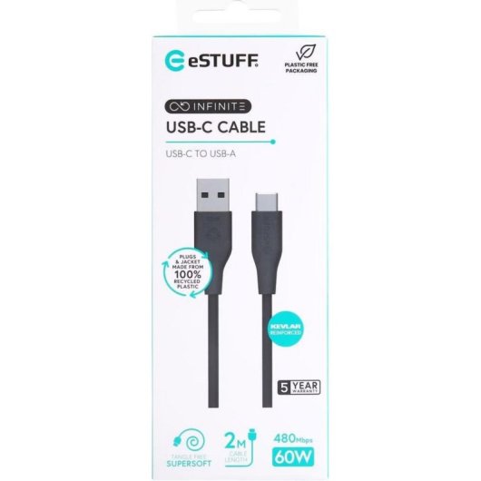Câble USB-C vers USB-A eSTUFF Infinite 2m USB 2.0 PD 60W Noir