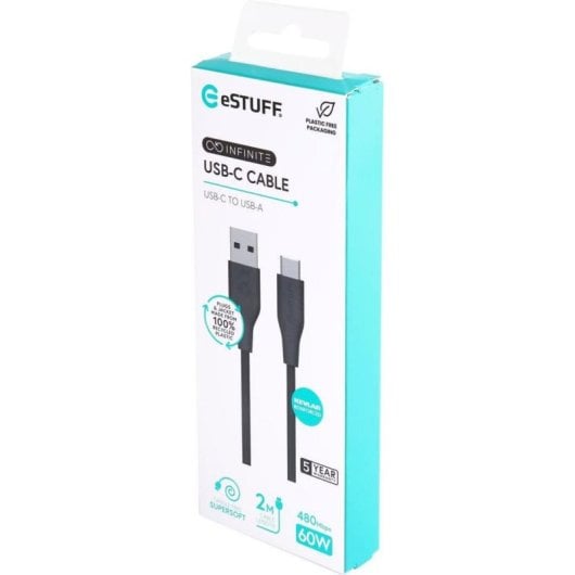 Câble USB-C vers USB-A eSTUFF Infinite 2m USB 2.0 PD 60W Noir