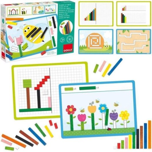 Gioco Educativo Goula con Regolette Cuisenaire in Legno, 48 Regolette e 16 Schede