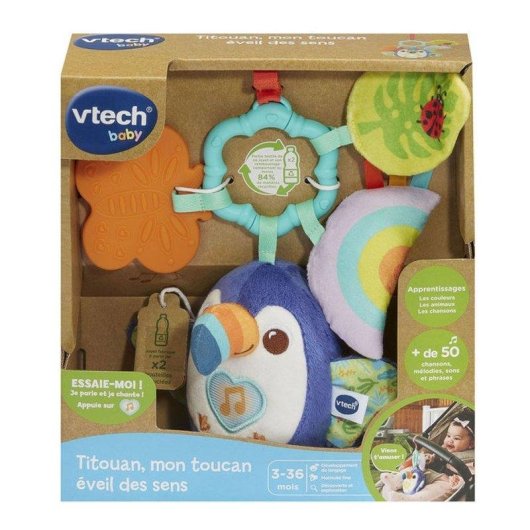 VTech Baby Titouan Toucan Sensorisches Kuscheltier mit Ring, Licht und Musik
