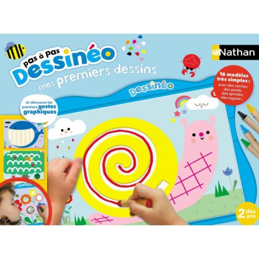 Kit Dessinéo First Drawing Nathan - 16 Modèles Progressifs, Plateau Antidérapant, 5 Crayons et Feuilles A4