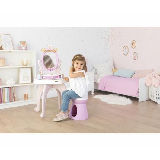 Smoby Disney Princess Tovaglia Bimbi 2 In 1 con Panchina, Specchio Ovale Regolabile, 3 Cassetti e +10 Accessori Rosa e Bianco