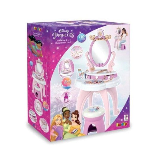 Smoby Disney Princess Tovaglia Bimbi 2 In 1 con Panchina, Specchio Ovale Regolabile, 3 Cassetti e +10 Accessori Rosa e Bianco