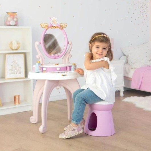 Smoby Disney Princess Tovaglia Bimbi 2 In 1 con Panchina, Specchio Ovale Regolabile, 3 Cassetti e +10 Accessori Rosa e Bianco