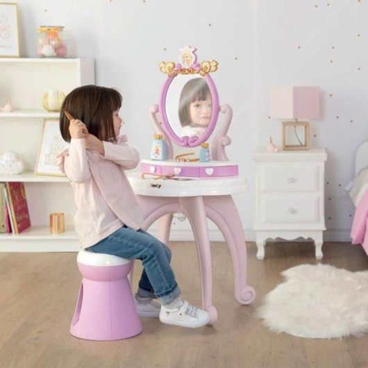 Smoby Disney Princess Tovaglia Bimbi 2 In 1 con Panchina, Specchio Ovale Regolabile, 3 Cassetti e +10 Accessori Rosa e Bianco