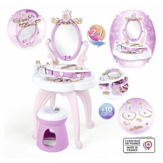 Smoby Disney Princess Tovaglia Bimbi 2 In 1 con Panchina, Specchio Ovale Regolabile, 3 Cassetti e +10 Accessori Rosa e Bianco
