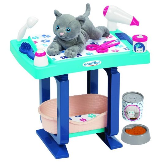Mesa de peluquería Ecoiffier Azul con Gato de Peluche y 18 Accesorios
