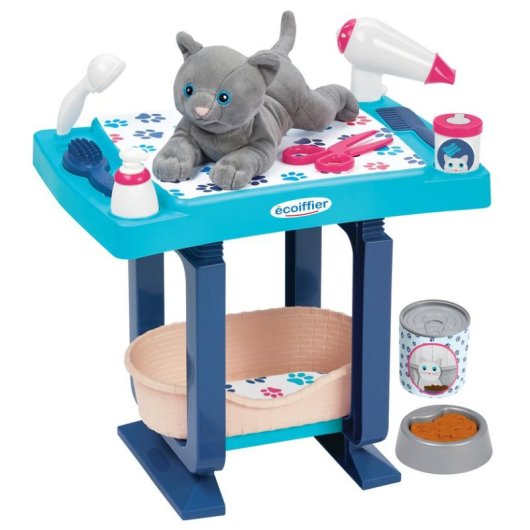Mesa de peluquería Ecoiffier Azul con Gato de Peluche y 18 Accesorios