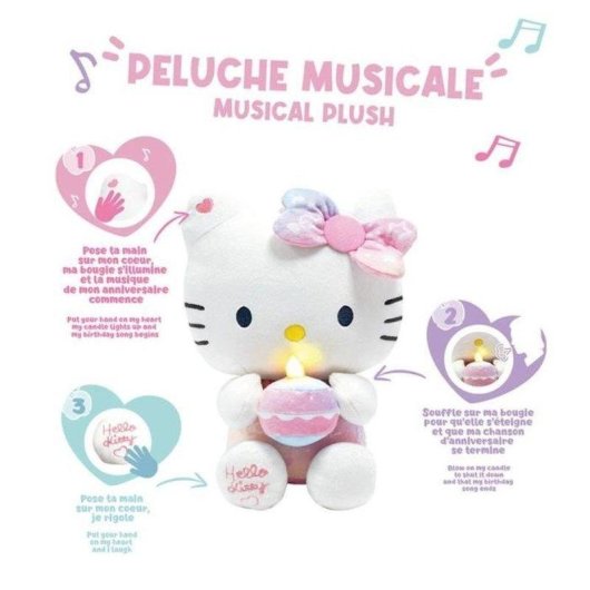 Peluche interactif Jemini Hello Kitty 26 cm avec capteur de cœur, bougie et musique d'anniversaire
