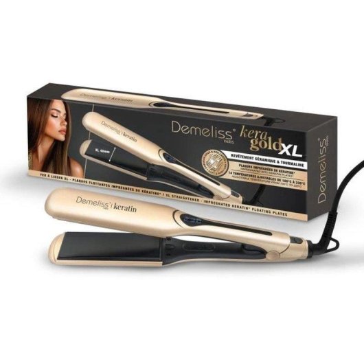 Lisseur Céramique Tourmaline Kératine Saint Algue Demeliss Kera Gold XL 230ºC 14 Niveaux Plaques Larges LCD Beige