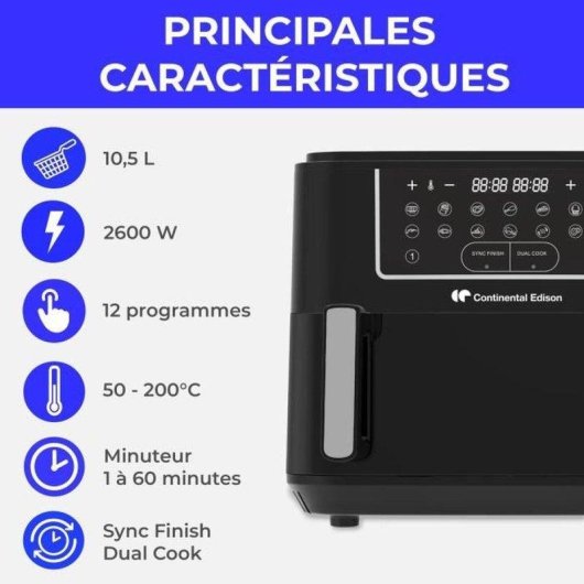 Fritadeira de Ar Continental Edison CEFR2400TB 10,5L 2600W 12 Programas Dual Cook