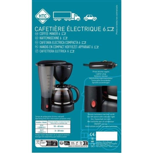 Cafetière à filtre HTC Equipement 0,6 L 170 W 12V pour voiture 6 tasses