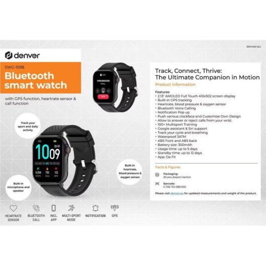 Denver SWG-159B Bluetooth GPS 1,3" Schwarz Einheitsgröße Wasserdicht 5ATM