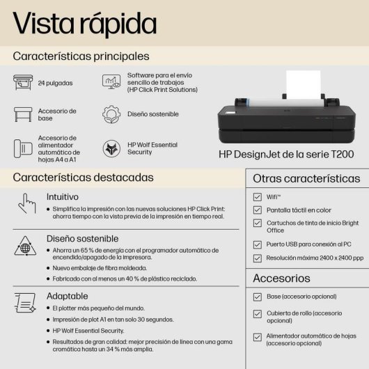 Stampante Inkjet Wi-Fi HP DesignJet T210 24 pollici con sicurezza dinamica