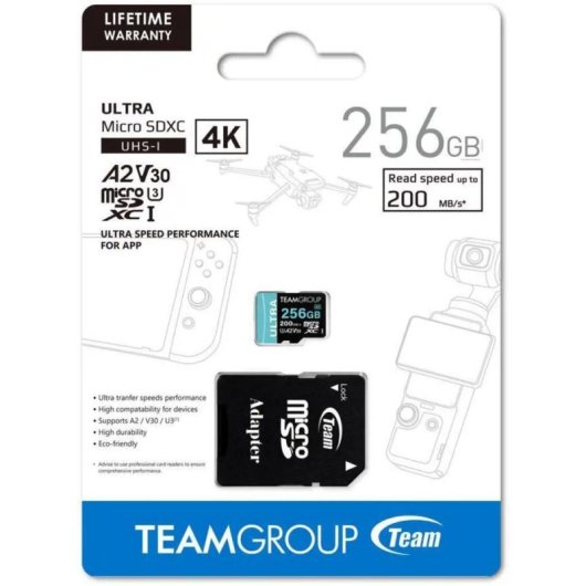Carte microSDXC Team TULMSDX256GIA2V3022503 256GB Ultra-Rapide 200MB/s