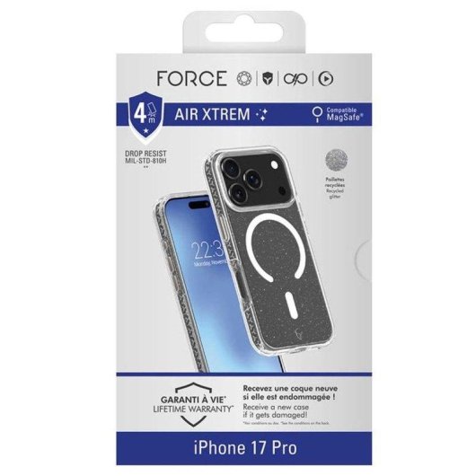 Capa Force Case Air Xtrem Magsafe Transparente Purpurina Reciclada para iPhone 17 Pro