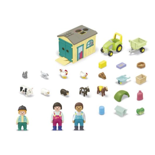 Playmobil Junior Bauernhof mit Traktor Anhänger Tiere 71656 53 Teile