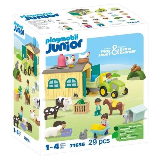 Playmobil Junior Bauernhof mit Traktor Anhänger Tiere 71656 53 Teile