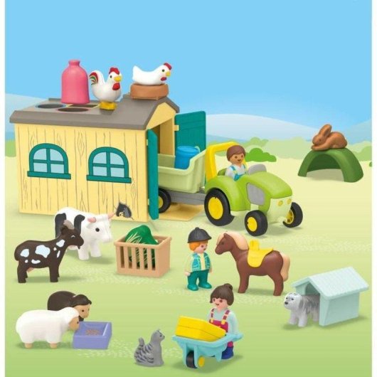 Playmobil Junior Bauernhof mit Traktor Anhänger Tiere 71656 53 Teile