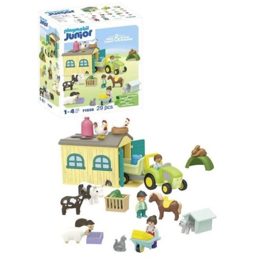 Playmobil Junior Bauernhof mit Traktor Anhänger Tiere 71656 53 Teile