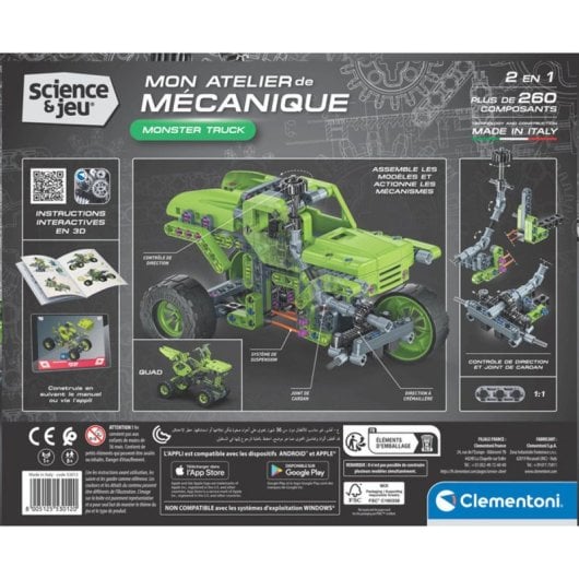 Clementoni Monster Truck Kit Mécanique 2 en 1 260 pièces