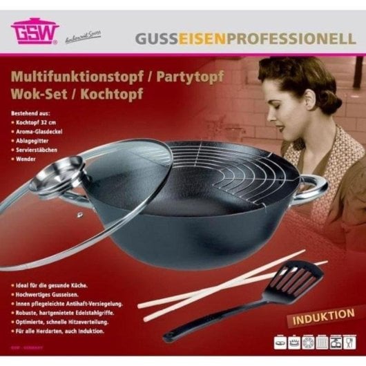 Set Wok GSW 5 Pièces Acier Fondu 32 cm Antiadhésif Sans PFOA Induction