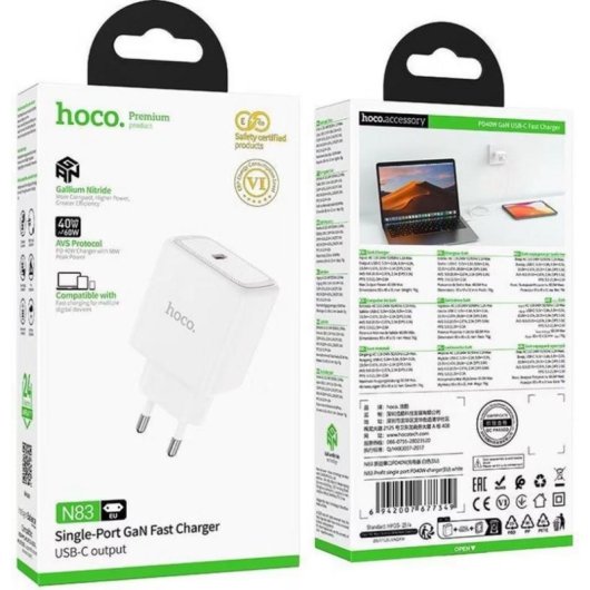 Cargador USB-C Hoco N83 GaN 40W PD3.2 AVS PPS Blanco