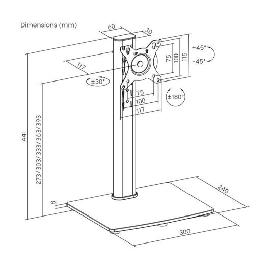Aisens DT34TSR-457 Support Moniteur Bureau avec Pied Eco Pivotant et Incliné 17-34" VESA 75x75 à 100x100 Max 12Kg