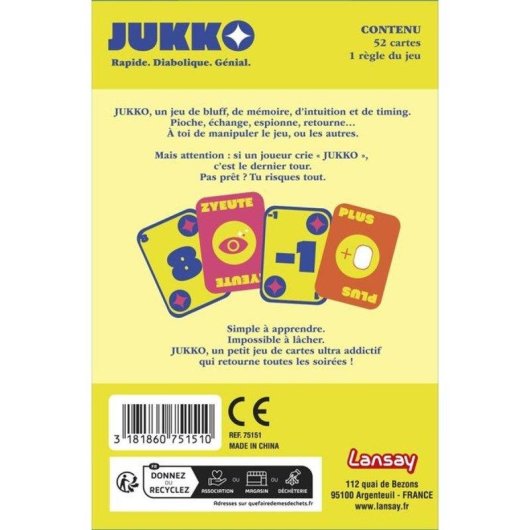 Juego de cartas Lansay Jukko rápido y táctico para 2 a 6 jugadores de 8 años